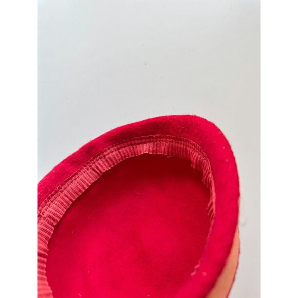 Vintage Red Wool Felt Pink Grosgrain Ribbon Feather Capulet Hat - Picture 15 of 16
